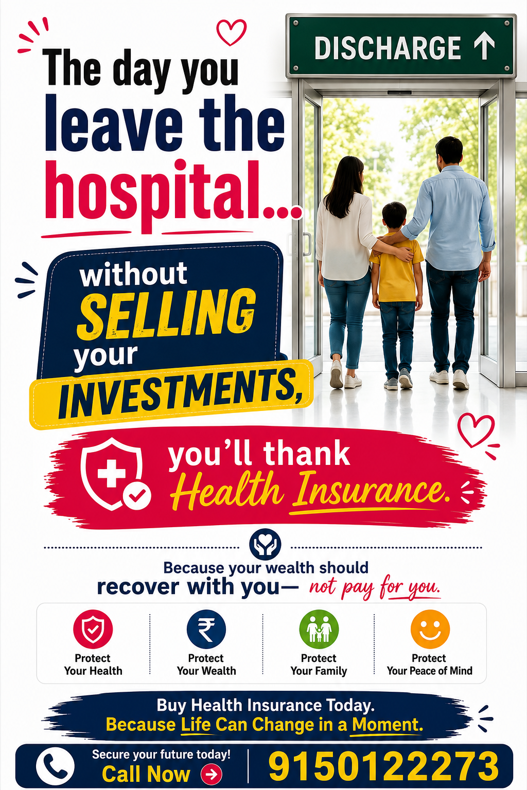 Family walking out of hospital discharge — health insurance protects savings
