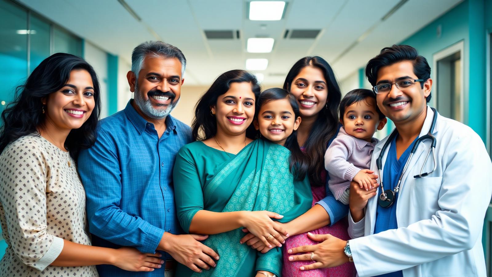 Indian family with a doctor at a hospital — health insurance protection