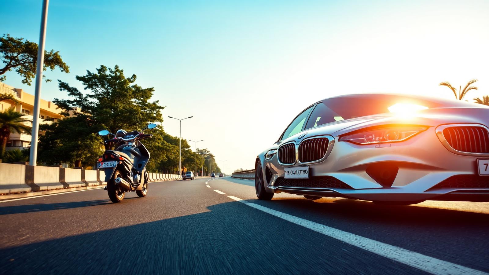 Car and bike on Indian highway — motor insurance and renewal