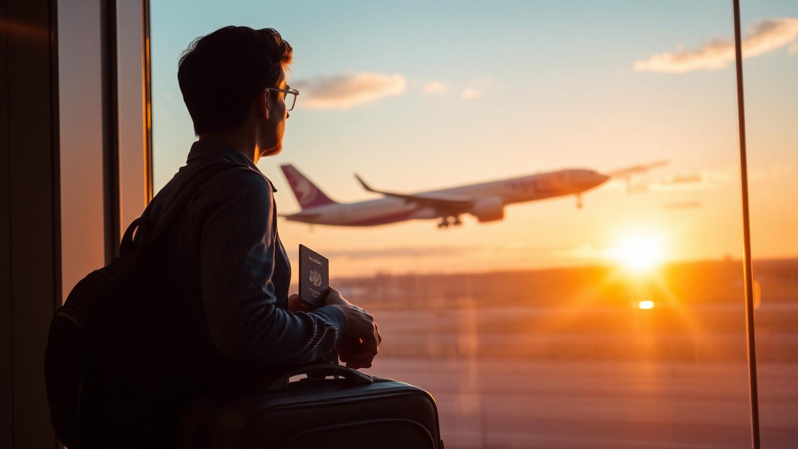 Traveler at airport watching plane take off — travel insurance